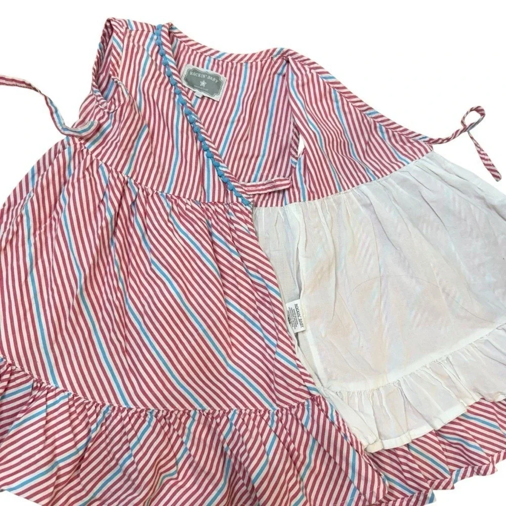 Rockin Baby Pink Blue Stripe Wrap‎ Dress Ruffle Hem Kids Size 2T